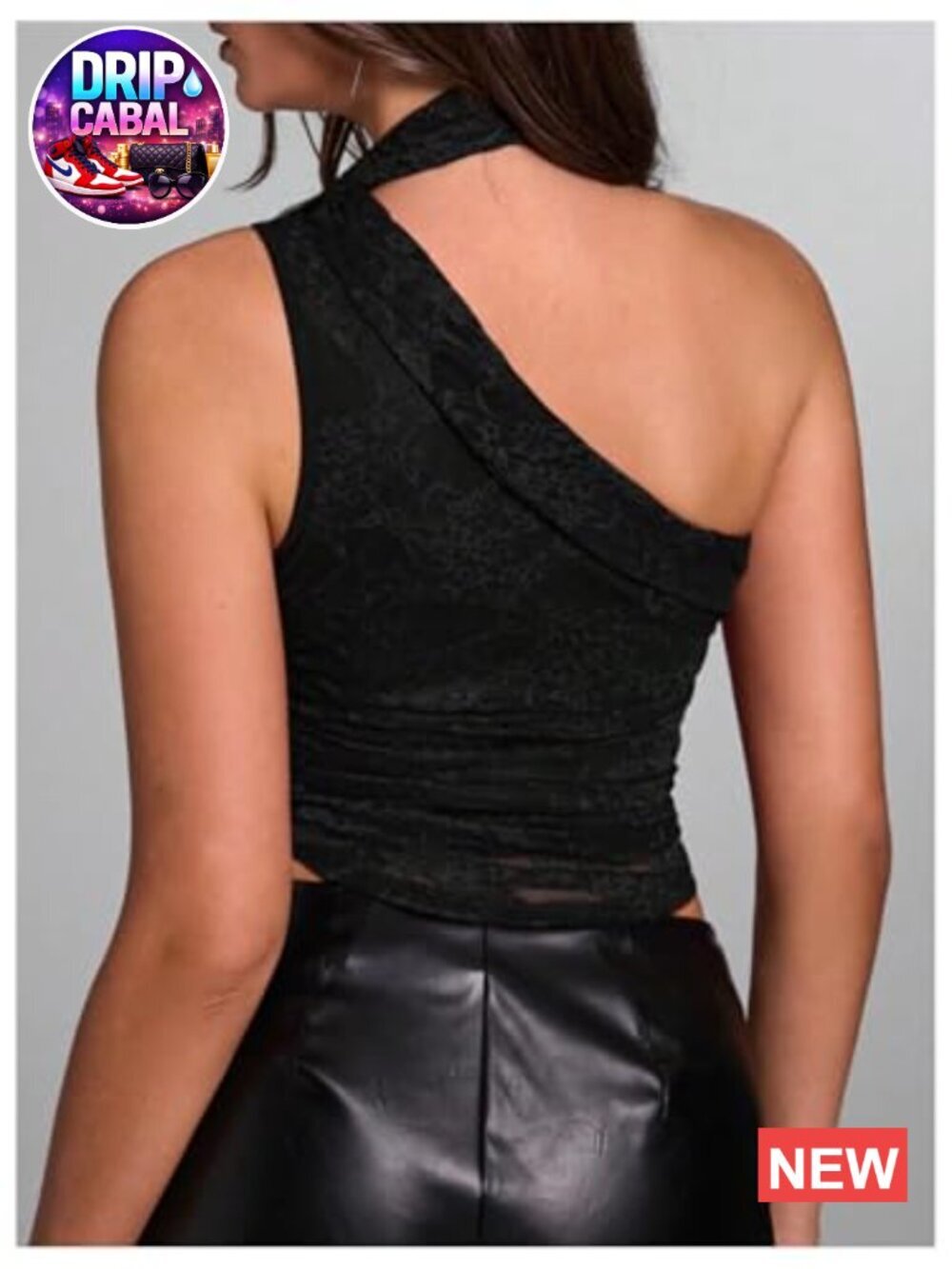 Floral Lace One Shoulder Tank Top Ruched Sleeveless with Scarf - Picture 4 of 5